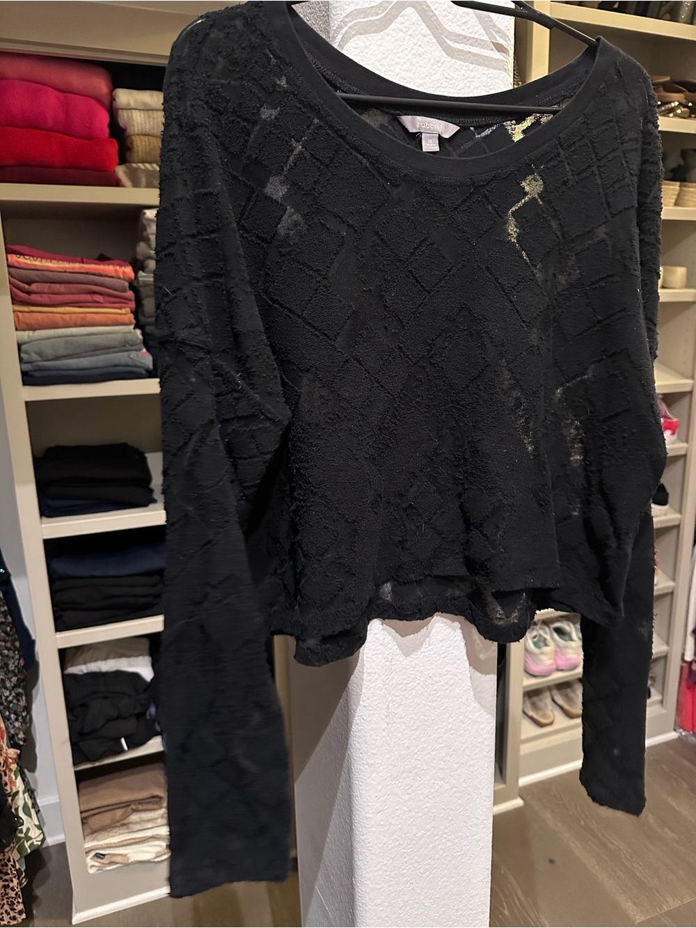 Black Textured Long-Sleeve Boxy/Crop Top